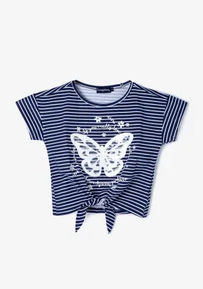 Girl's Navy Butterfly Knotted T-shirt
