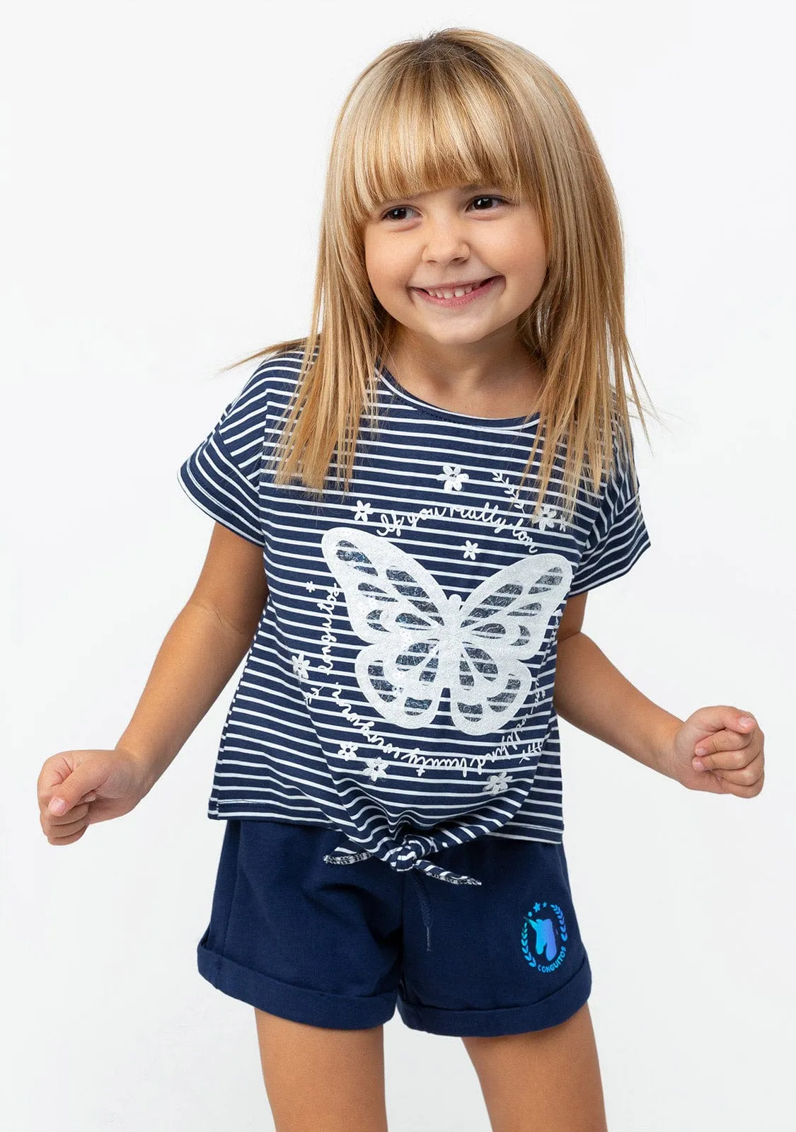 Girl's Navy Butterfly Knotted T-shirt