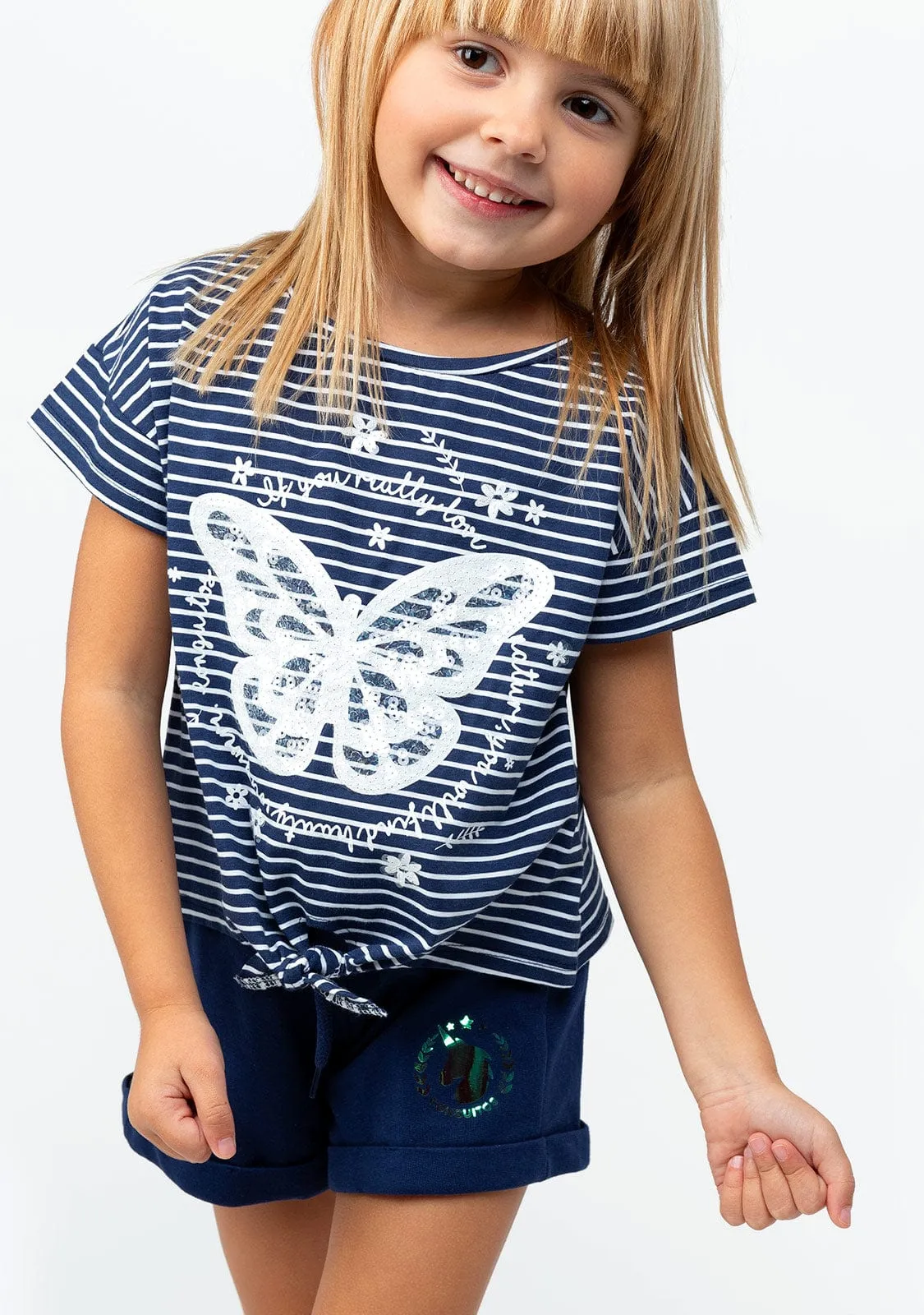 Girl's Navy Butterfly Knotted T-shirt